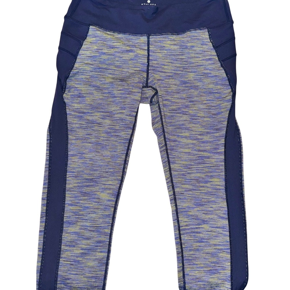 34 | Athleta Womens Space Dye Striped Cropped Leggings Navy Blue Medium Ribbed